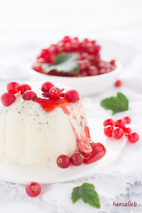 Dieses Bild zum Eis Dessert Rezept ist von vorne fotografiert. Das helle Eis hat ein Topping aus roter Grütze und roten Johannisbeeren. Dekoriert mit weiteren roten, frischen Früchten und Blättern vom Johannisbeerstrauch. 
